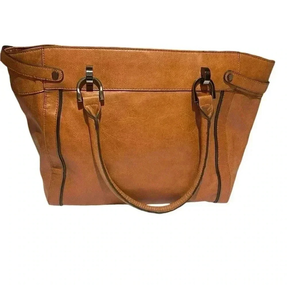 London Fog cognac faux leather tote bag large - Picture 2 of 12